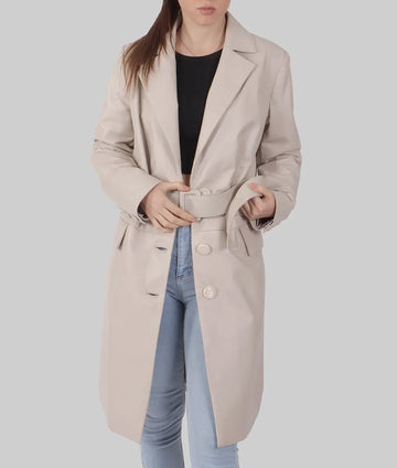 Cacy Women’s Off White Leather Trench Coat