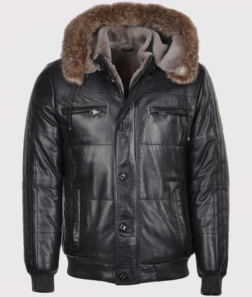 Carter Black Bomber Fur Hooded Leather Jacket