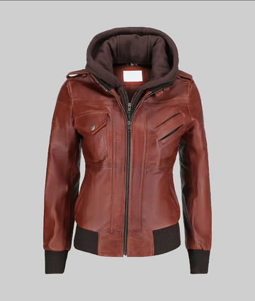 Christina Women’s Brown Leather Bomber Jacket with Removable Hoodie