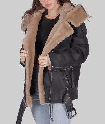 Debra Womens Black B-3 Bomber Leather Jacket