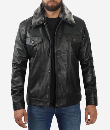 Gunther Men’s Black Trucker Shearling Leather Jacket