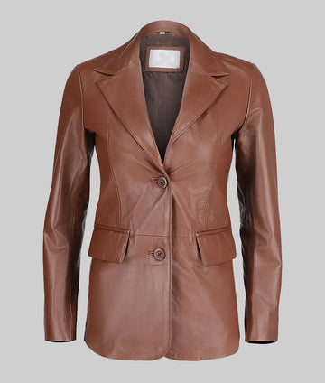 Jenna Women’s Brown Two Button Leather Blazer Jacket