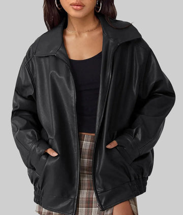 Emma Women’s Black Oversized Bomber Leather Jacket