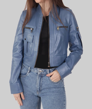Lucy Womens Blue Leather Biker Jacket