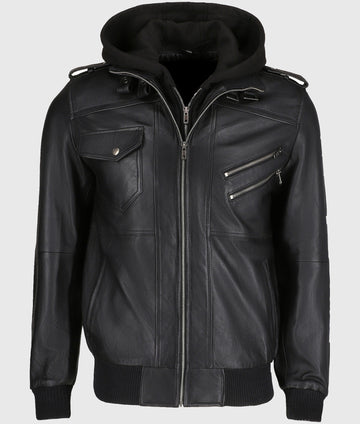 Christian Men’s Black Leather Bomber Jacket with Removable Hoodie
