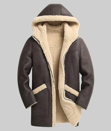 Zack Men’s Brown Bomber Hooded Shearling Leather Winter Coat