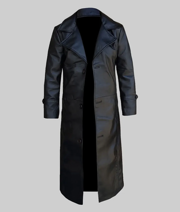 Zen Men’s Black Leather Trench Coat