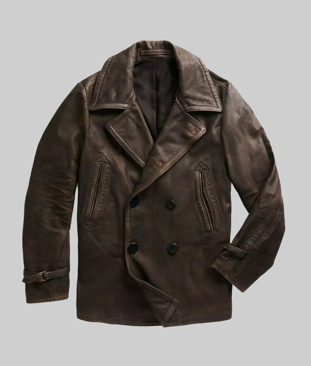 Alex Men’s Brown Double Breasted Leather Peacoat
