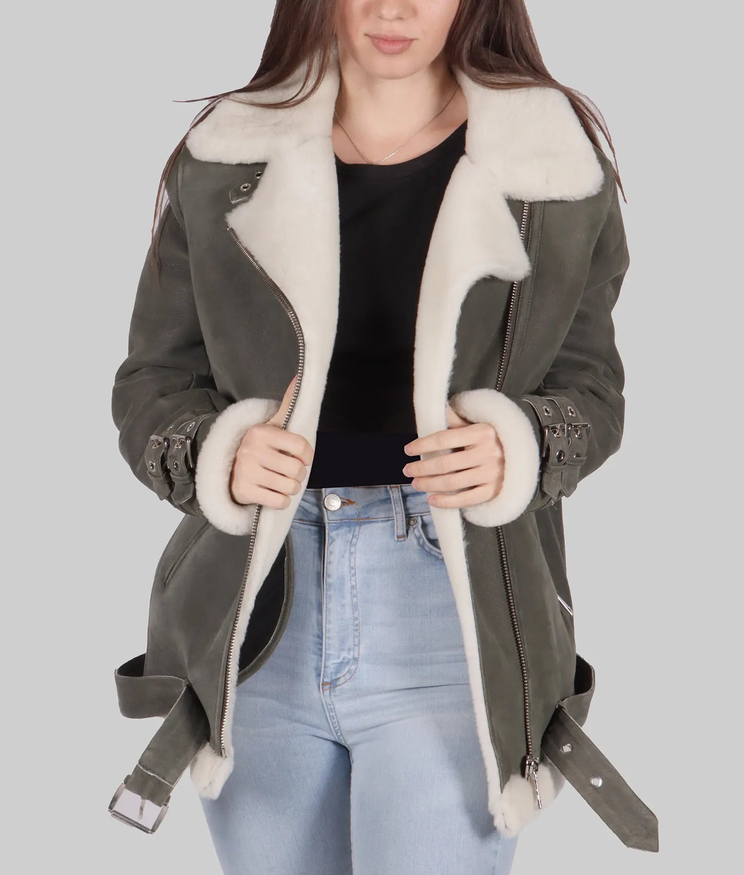 Bella Womens Grey B-3 Bomber Leather Jacket