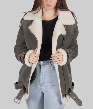 Bella Womens Grey B-3 Bomber Leather Jacket