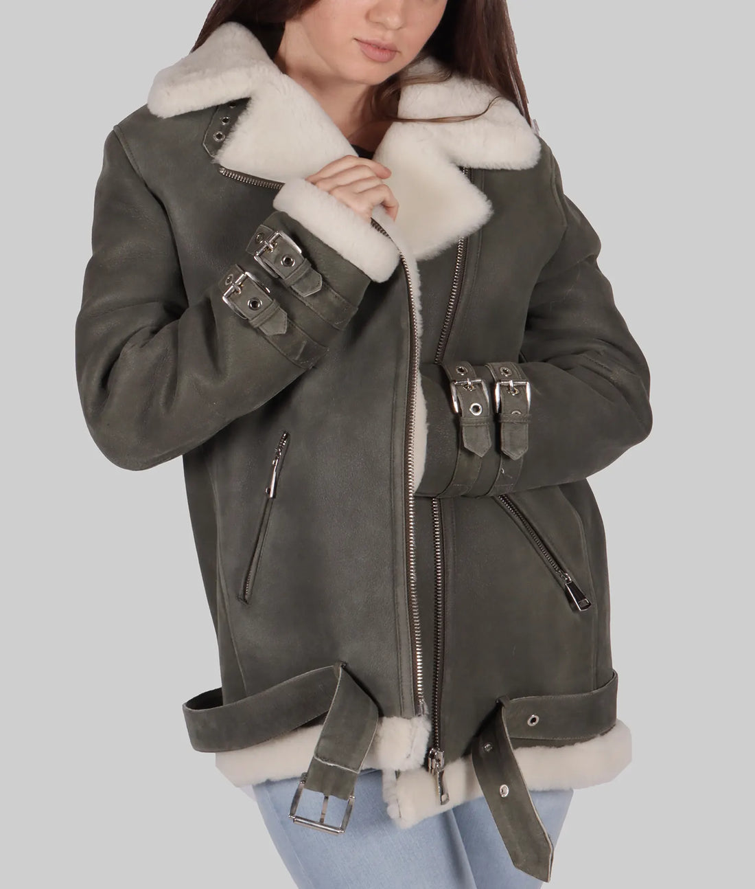 Bella Womens Grey B-3 Bomber Leather Jacket