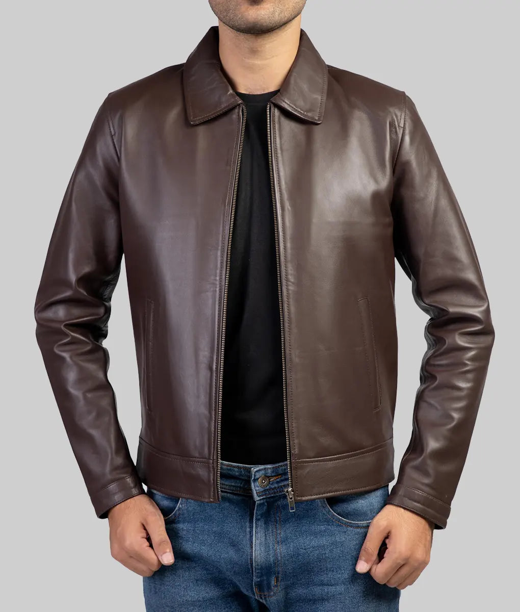 Bravo Men’s Classic Brown Harrington Leather Jacket