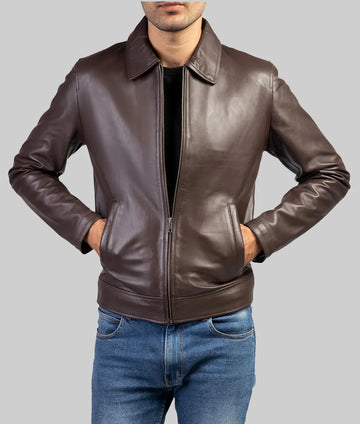 Bravo Men’s Classic Brown Harrington Leather Jacket