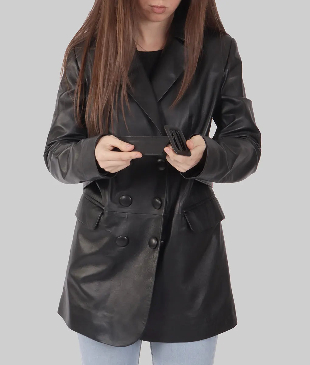 Cacy Women’s Black Leather Trench Coat