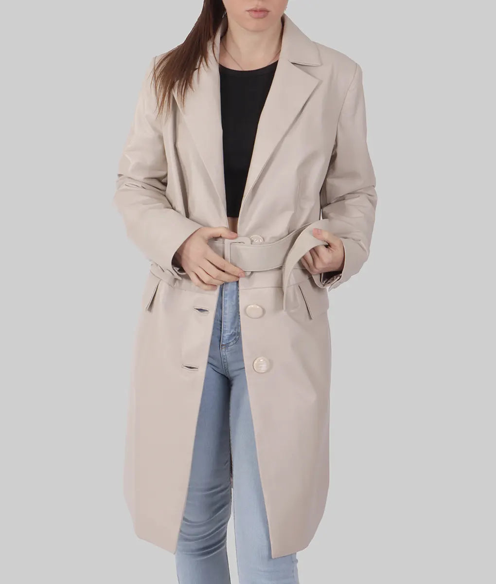 Cacy Women’s Off White Leather Trench Coat