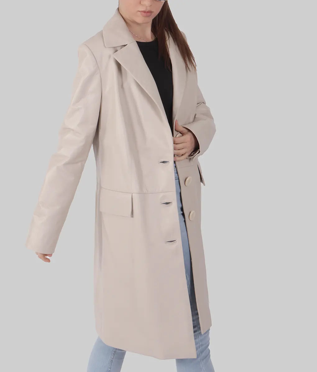 Cacy Women’s Off White Leather Trench Coat