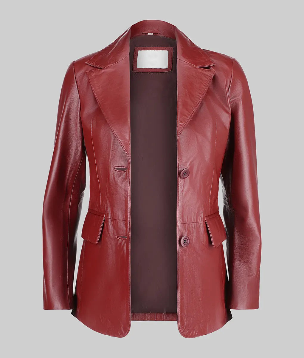 Jenna Women’s Maroon Two Button Leather Blazer Jacket