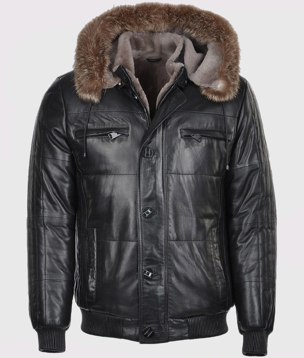 Carter Black Bomber Fur Hooded Leather Jacket