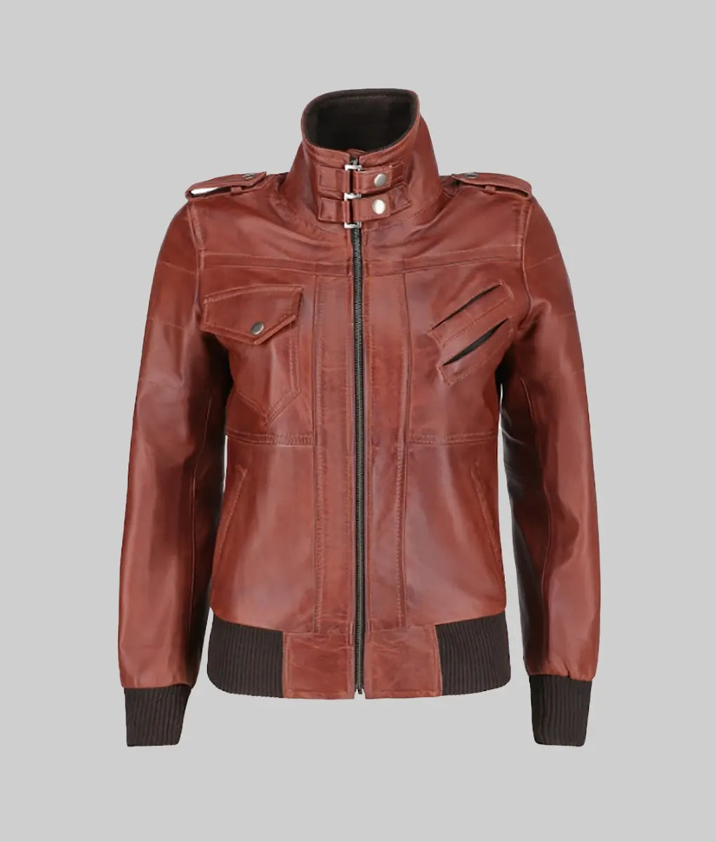 Christina Women’s Brown Leather Bomber Jacket with Removable Hoodie