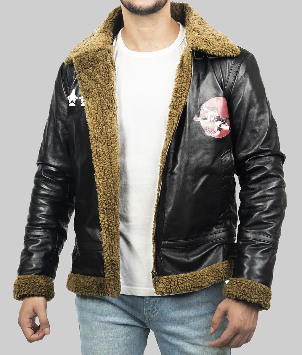 Connan Mens Black B-3 Bomber Leather Jacket