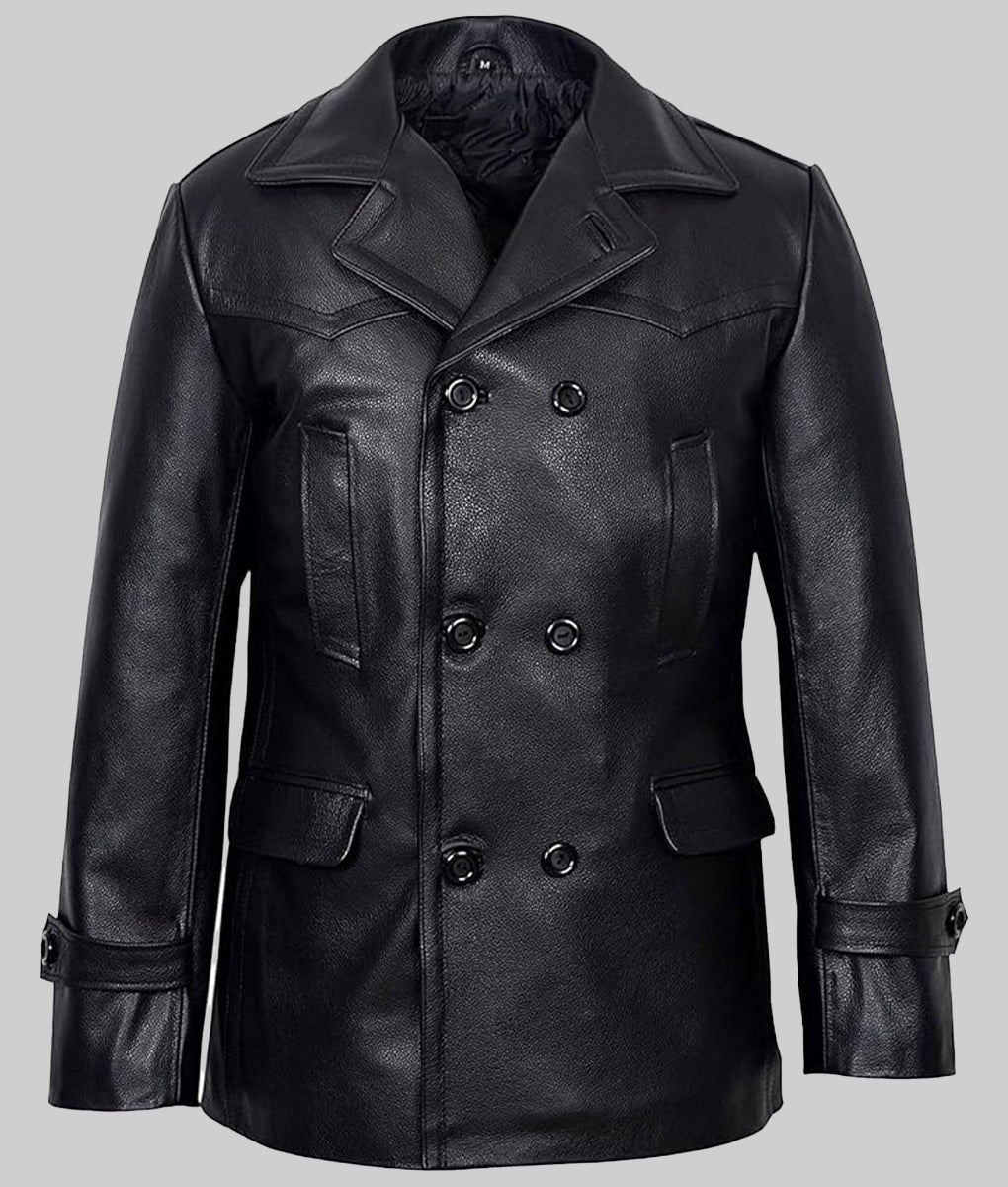 Danny Men’s Black Double Breasted Leather Peacoat