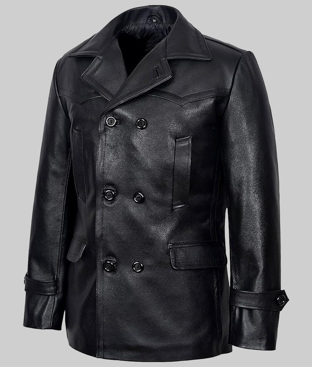 Danny Men’s Black Double Breasted Leather Peacoat