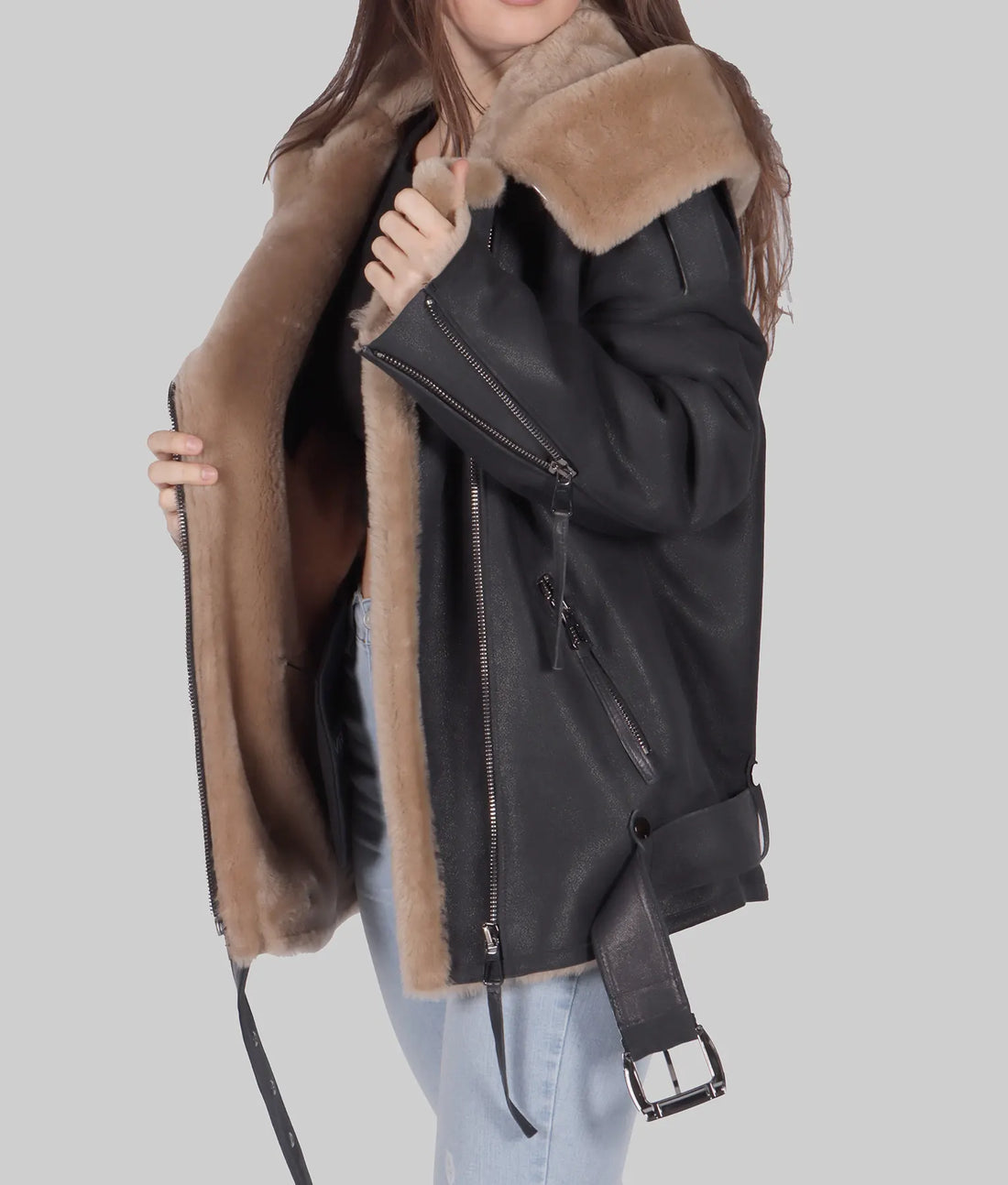 Debra Womens Black B-3 Bomber Leather Jacket