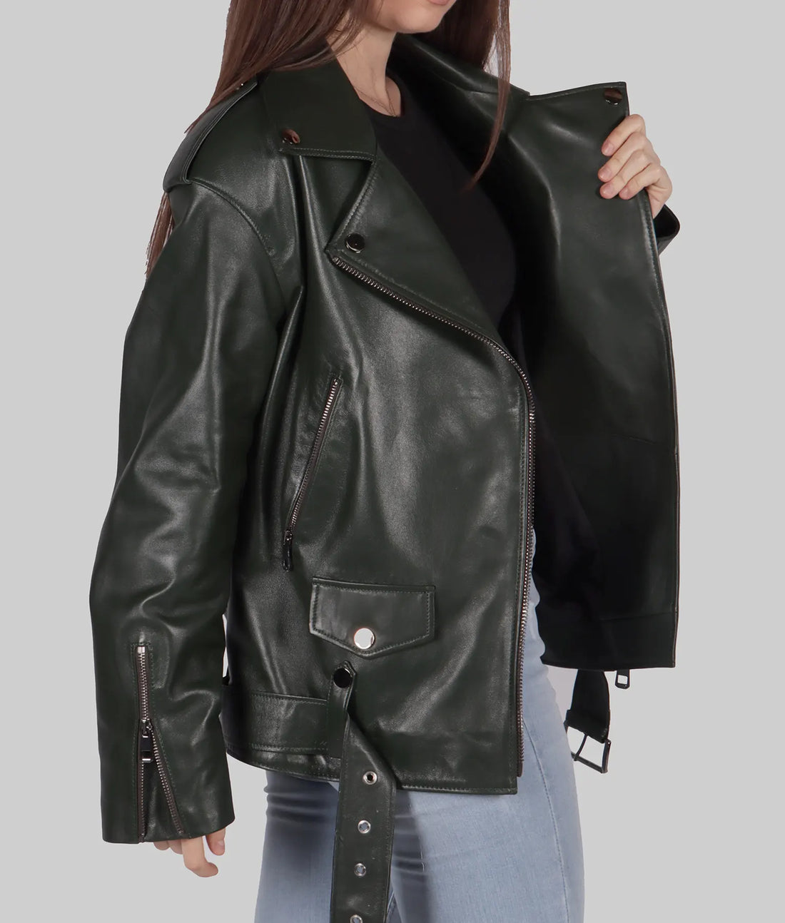 Debra Womens Green Biker Leather Jacket