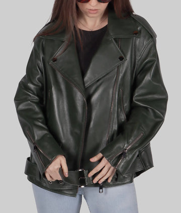 Debra Womens Green Biker Leather Jacket