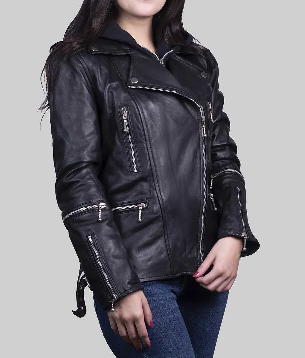 Freya Womens Black Biker Leather Jacket