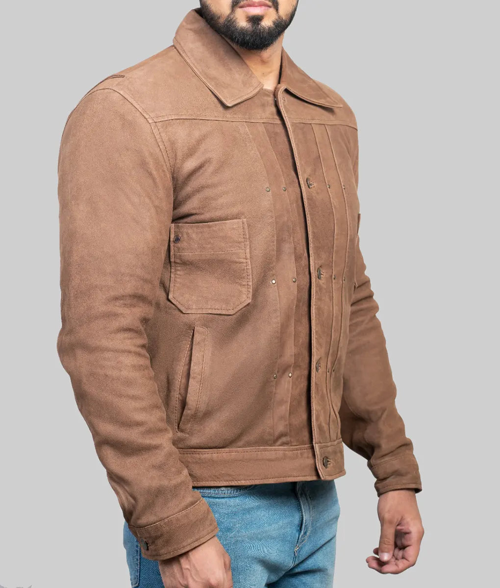 Garry Mens Brown Distressed Suede Trucker Jacket