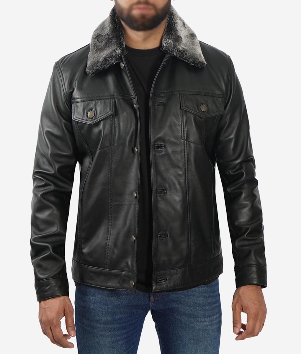 Gunther Men’s Black Trucker Shearling Leather Jacket
