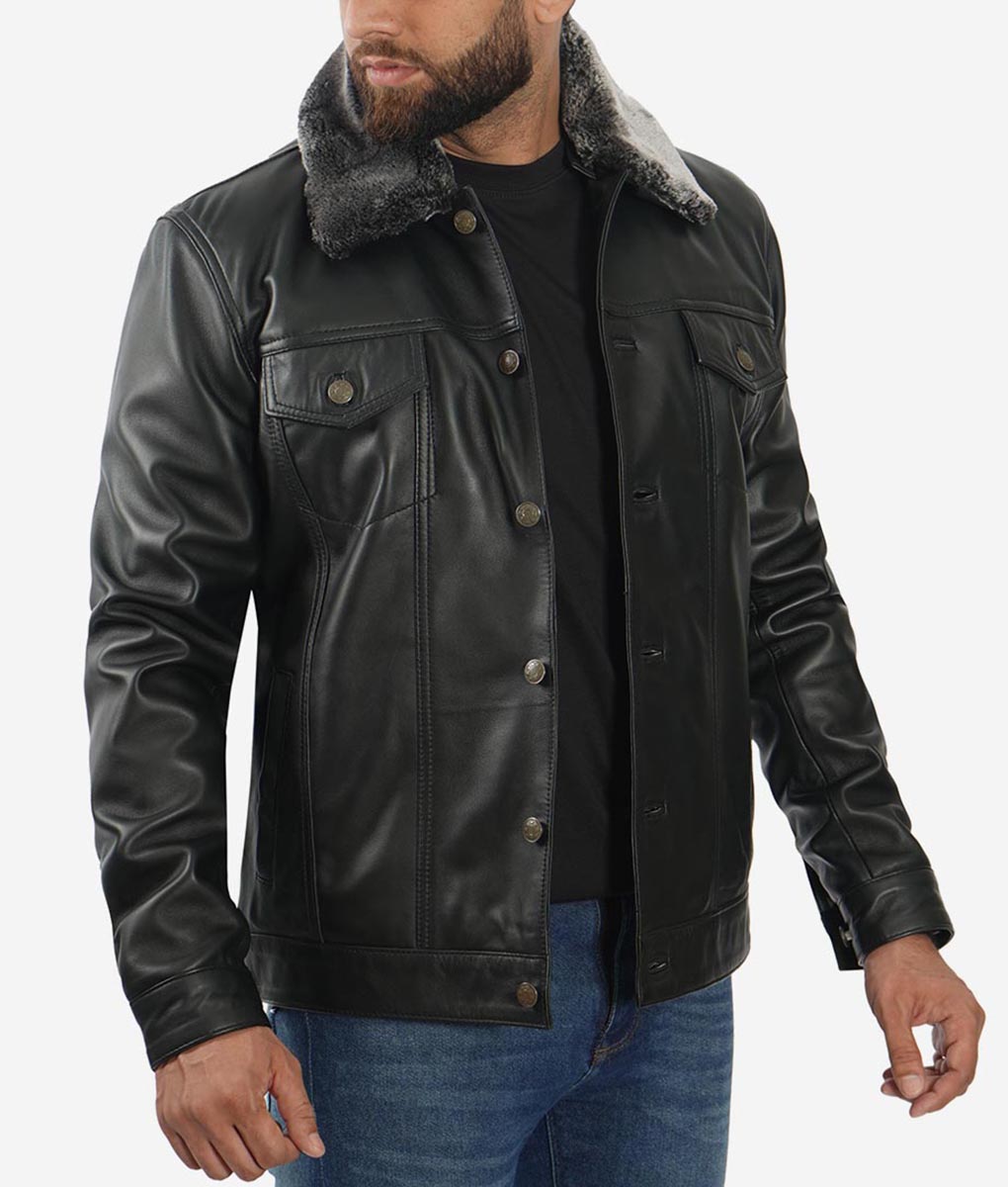 Gunther Men’s Black Trucker Shearling Leather Jacket
