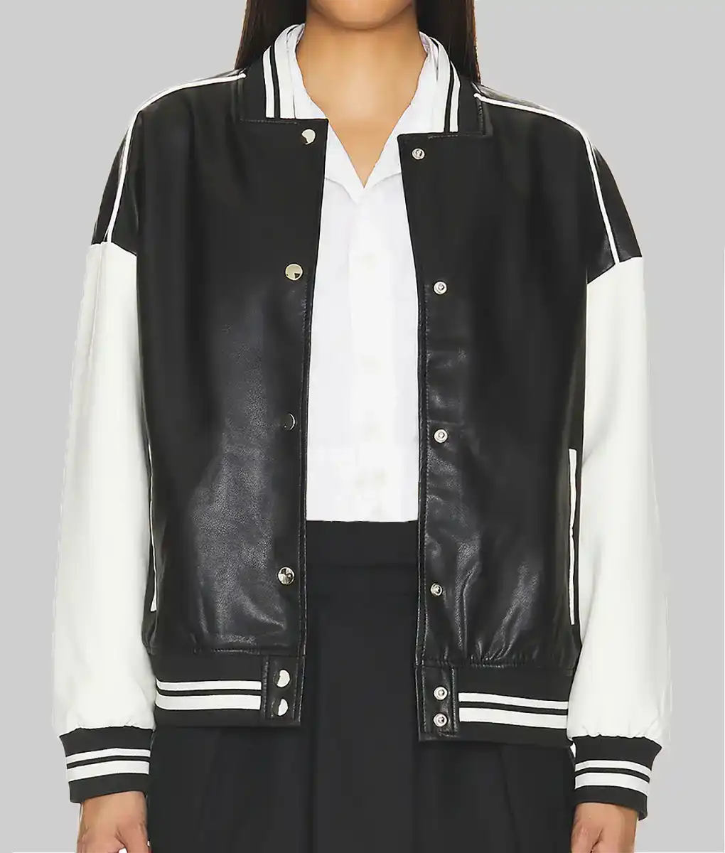 Genevieve Women’s Black and White Leather Varsity Jacket