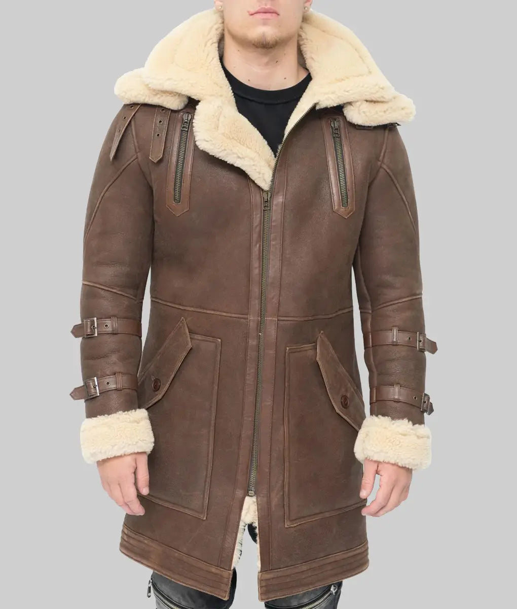 Greg Men’s Brown Bomber Shearling Leather Winter Coat