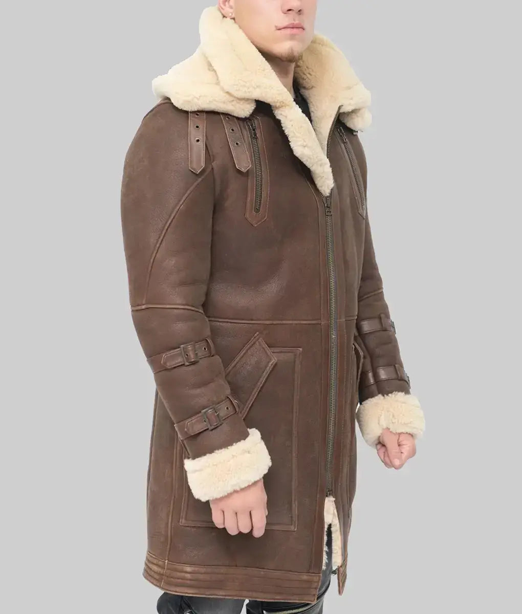 Greg Men’s Brown Bomber Shearling Leather Winter Coat