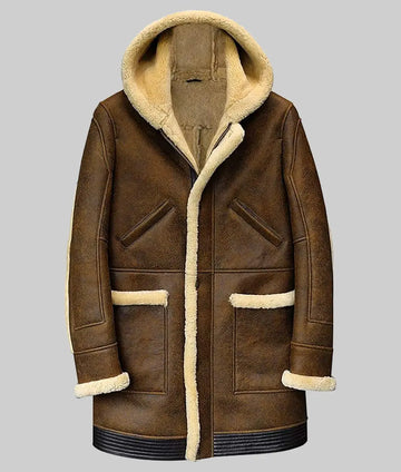 Jack Men’s Brown Bomber Hooded Shearling Leather Winter Coat