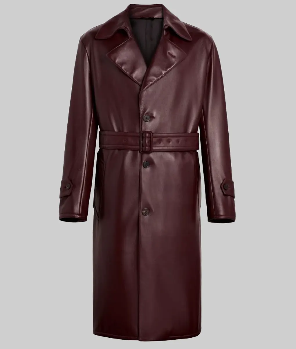 James Men’s Burgundy Leather Trench Coat