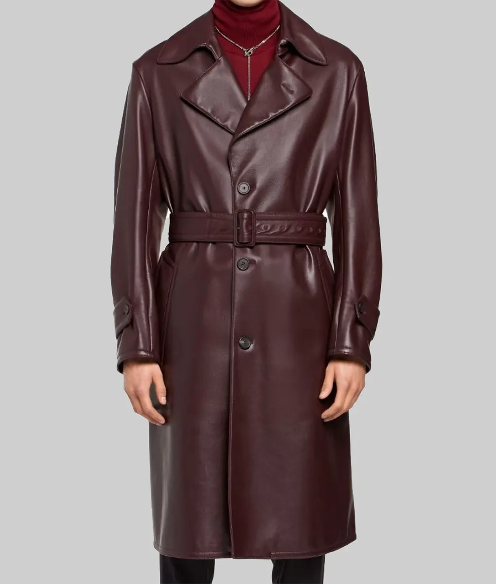 James Men’s Burgundy Leather Trench Coat