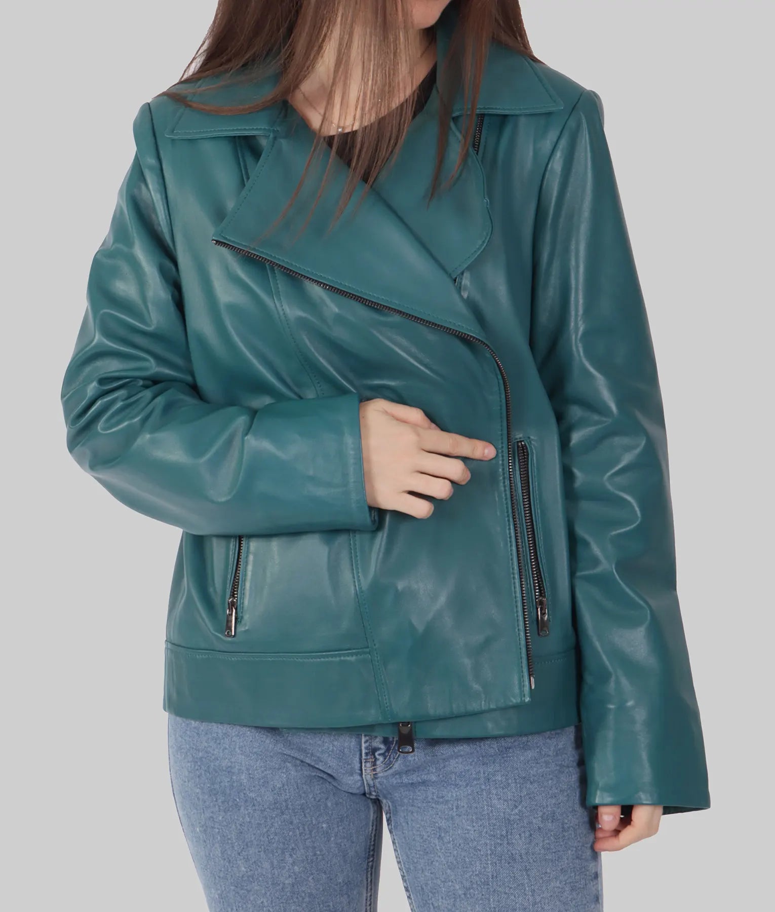 Jane Womens Blue Leather Biker Jacket
