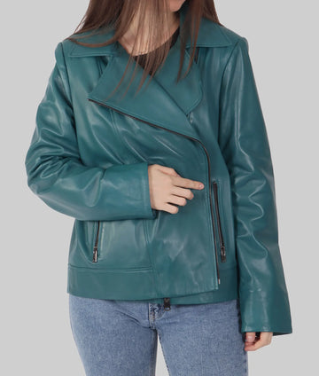 Jane Womens Blue Leather Biker Jacket