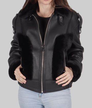 Jenna Womens Black Leather Aviator Jacket