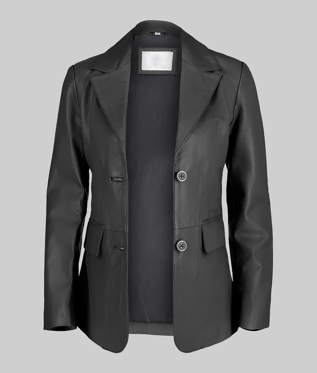Jenna Women’s Black Two Button Leather Blazer Jacket