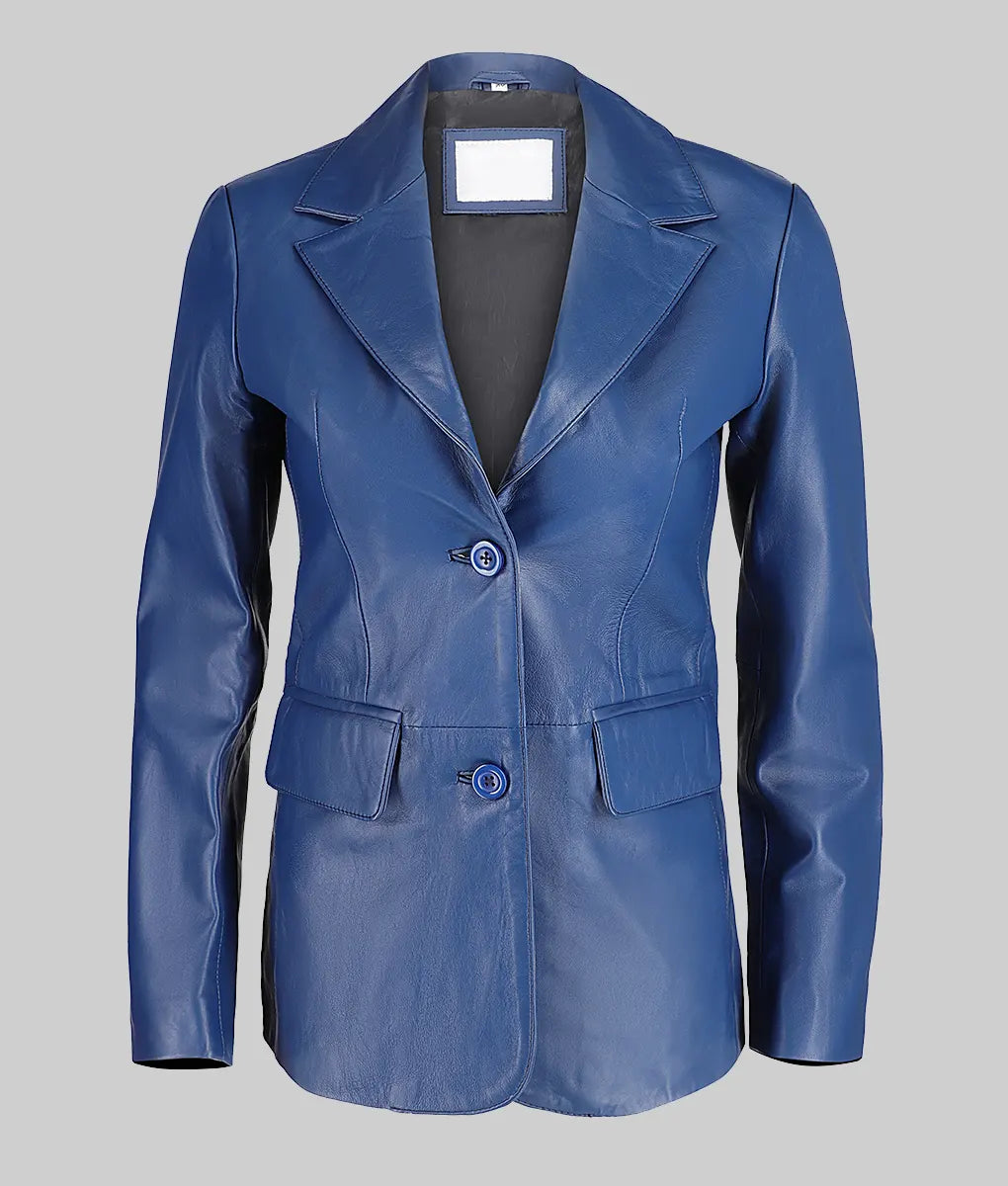 Jenna Women’s Blue Two Button Leather Blazer Jacket