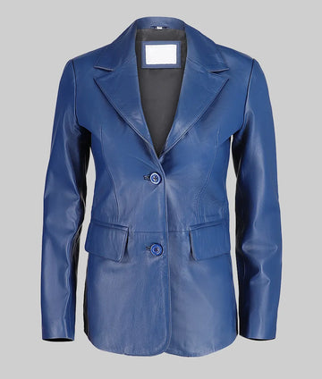 Jenna Women’s Blue Two Button Leather Blazer Jacket