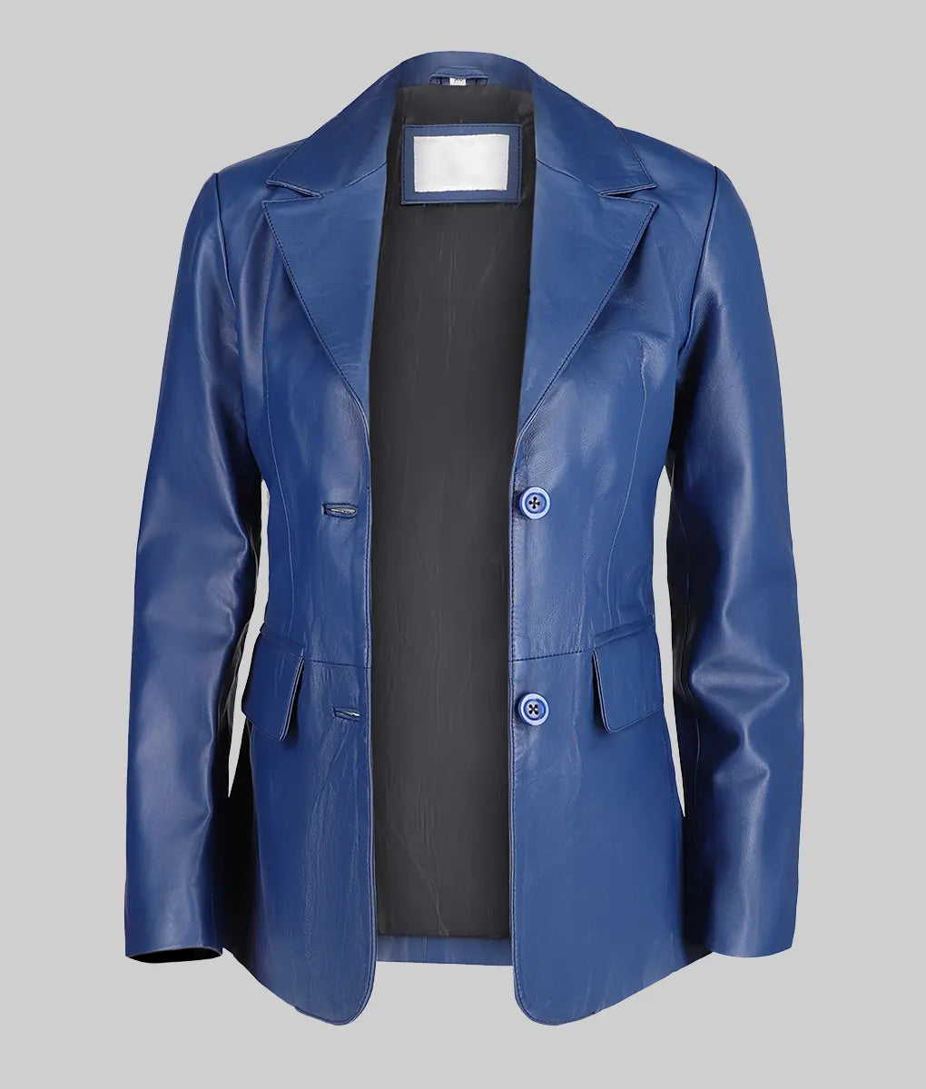 Jenna Women’s Blue Two Button Leather Blazer Jacket