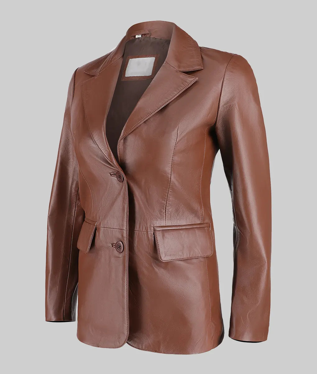 Jenna Women’s Brown Two Button Leather Blazer Jacket