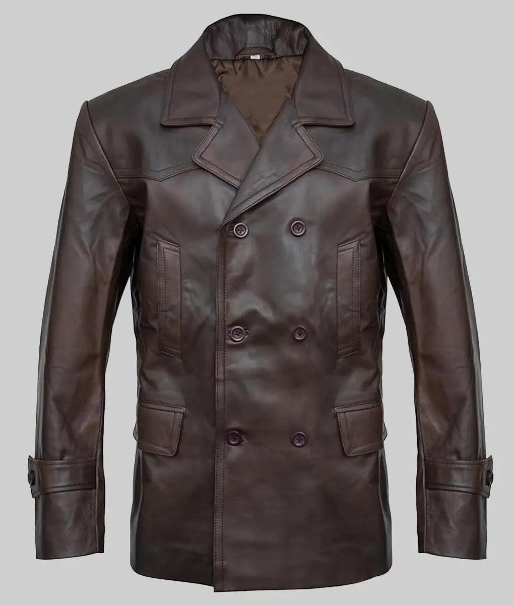 Jim Men’s Brown Double Breasted Leather Peacoat