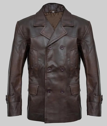Jim Men’s Brown Double Breasted Leather Peacoat