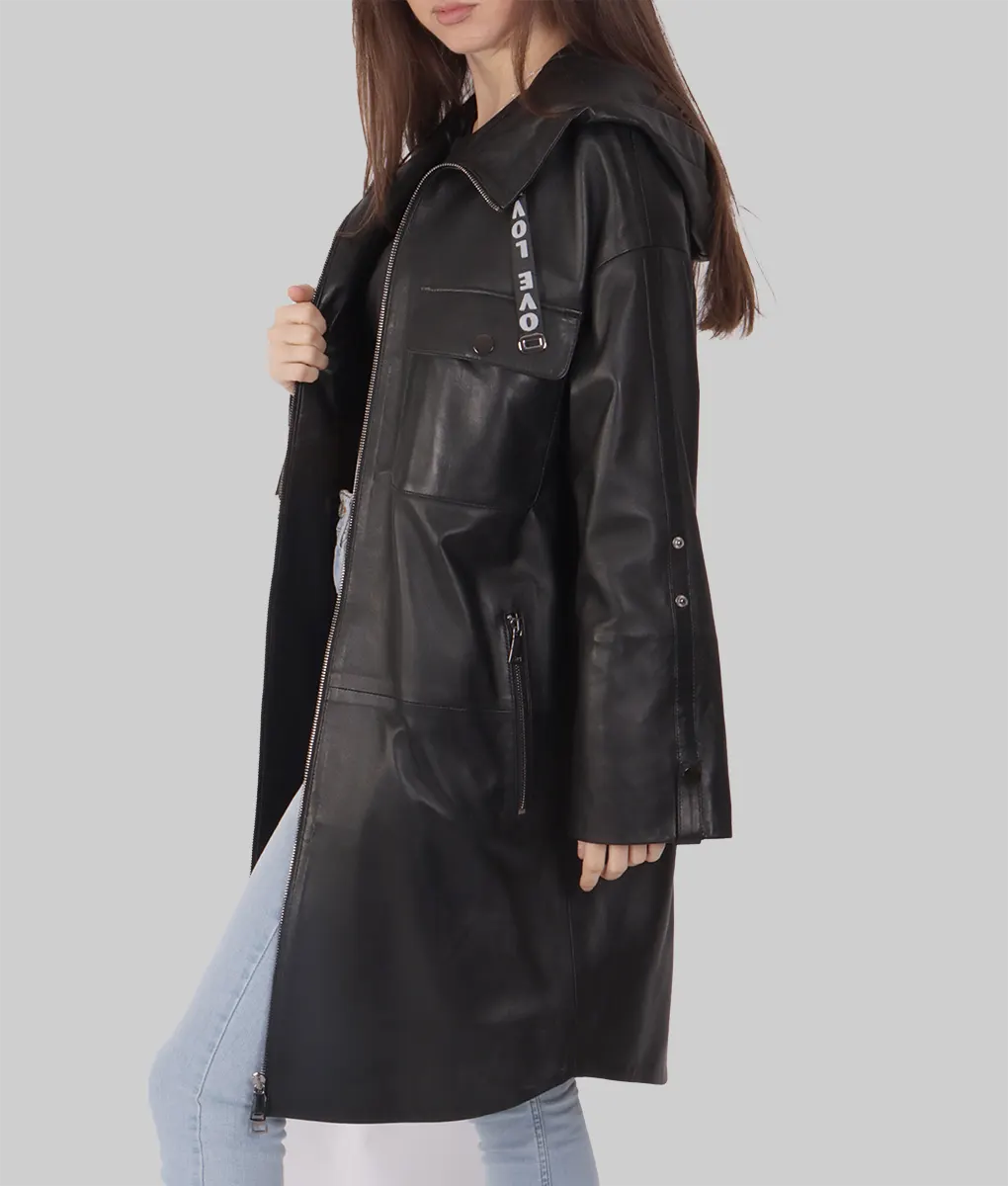 Julie Women’s Black Leather Duster Coat